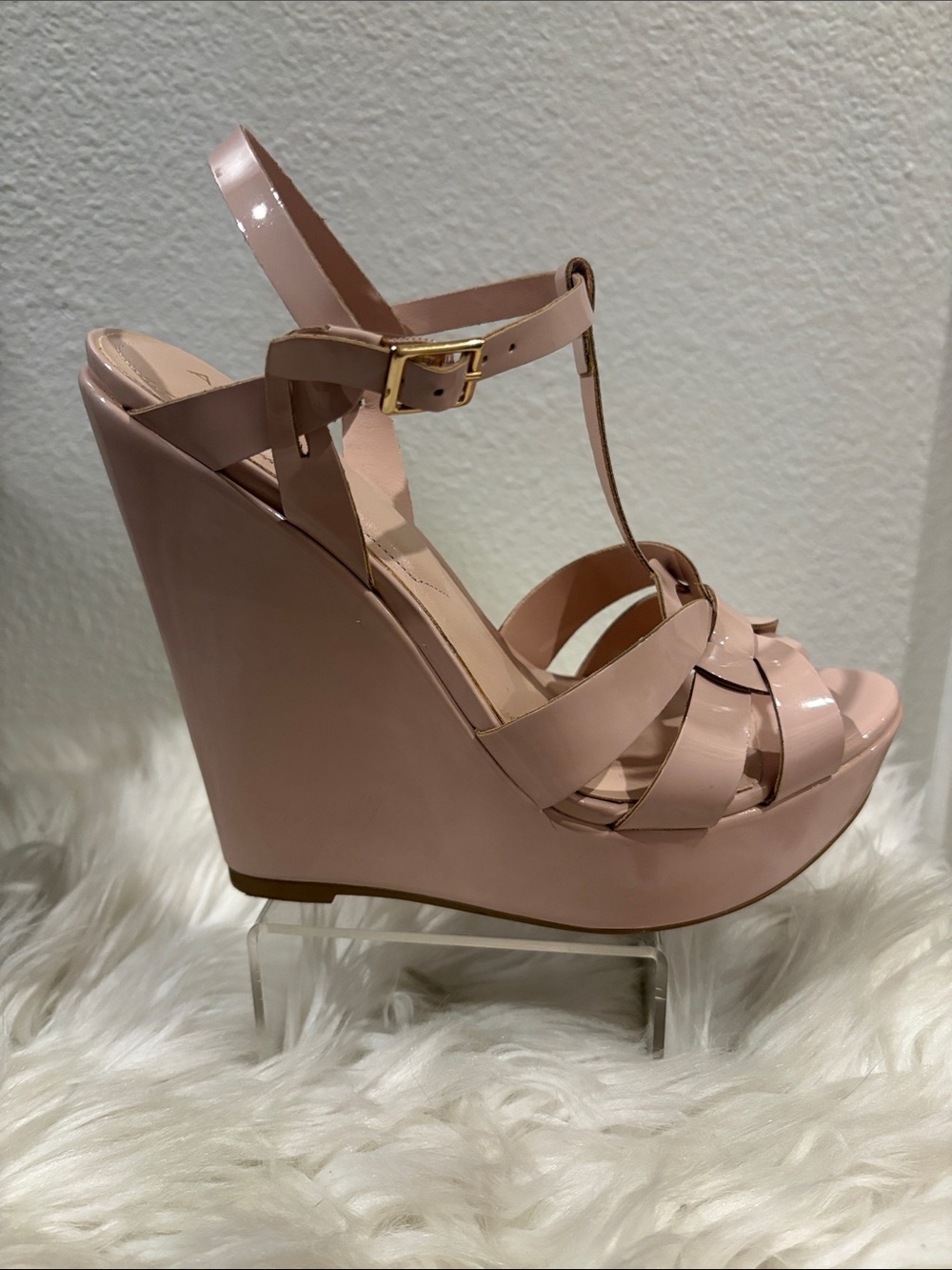 Aldo Blush Patent Platform Wedge Sandals - T-Strap Heels